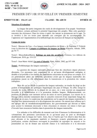 Première page de Français Tle A2, Tle C, Tle D — 1er devoir surveillé, 1er semestre (2024-2025) · CEG Yagbe