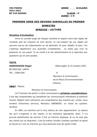 Première page de Français 4e — 1er devoir surveillé, 1er semestre (2021-2022) · CEG PAHOU