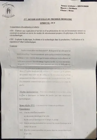 Première page de PCT 6e — 2e devoir surveillé, 1er trimestre (2019-2020) · CPEG ROSAIRE
