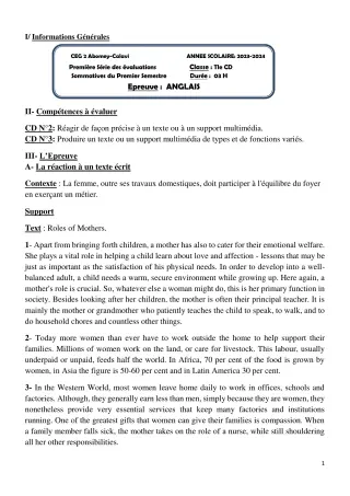 Première page de Anglais Tle D — 1re évaluation sommative, 1er semestre (2023-2024) · CEG2 ABOMEY - CALAVI (CEG ZOCA)