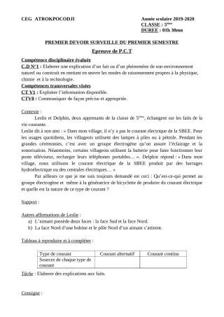 Première page de PCT 5e — 1er devoir surveillé, 1er semestre (2019-2020) · CEG ATROKPOCODJI