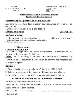 Première page de Histoire-Géographie 4e, 4e ML — 2e devoir surveillé, 2e trimestre (2018-2019) · CEG du Lac