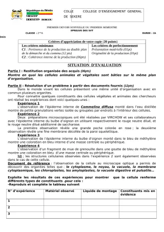 Première page de SVT 2nde A2 — 1er devoir surveillé, 1er semestre (2022-2023) · CEG SEKERE
