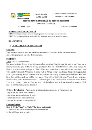 Première page de Anglais 5e — 2e devoir surveillé, 2e semestre (2021-2022) · CEG SEKERE