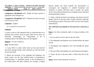 Première page de Anglais 4e, 4e ML — 2e devoir surveillé, 1er semestre (2019-2020) · CEG Hubert C. MAGA