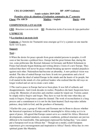 Première page de Anglais Tle A2, Tle B, Tle C, Tle D, Tle EFS — Évaluation sommative, 1er semestre (2019-2020) · CEG2 Godomey