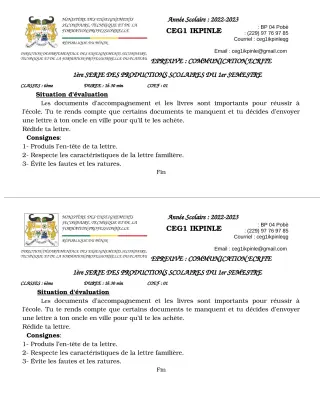Première page de Français 6e — 1re production scolaire, 1er semestre (2022-2023) · CEG1 Ikpinlè