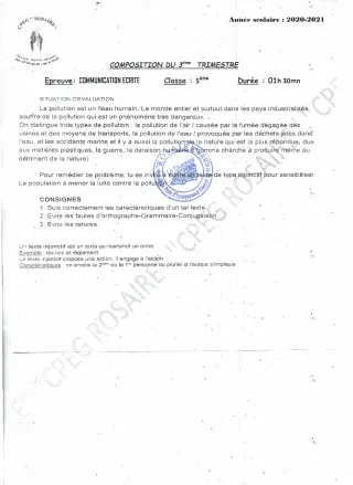 Première page de Français 5e — 2020-2021 · CPEG ROSAIRE