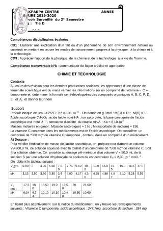 Première page de PCT Tle D — 2e devoir surveillé, 2e semestre (2019-2020) · CEG 1 Akpakpa-Centre