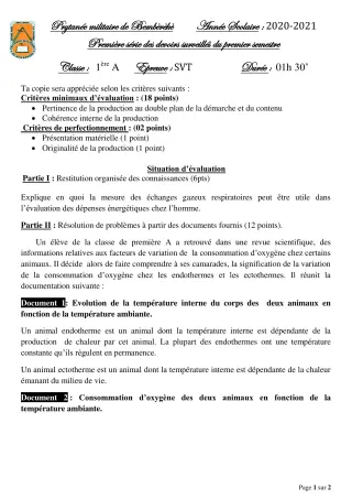 Première page de SVT 1ère A1, 1ère A2 — 1er devoir surveillé, 1er semestre (2020-2021) · PMB