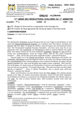 Première page de Allemand 4e, 3e, 2nde A, 1ère A, Tle A2 — 1re production scolaire, 1er semestre (2022-2023) · CEG1 Ikpinlè