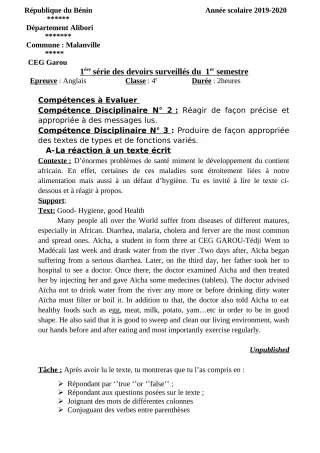 Première page de Anglais 4e — 1er devoir surveillé, 1er semestre (2019-2020) · CEG GAROU