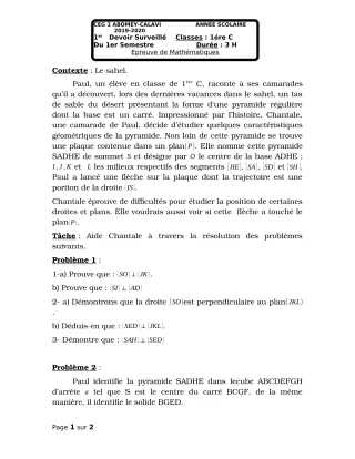 Première page de Mathématiques 1ère C — 1er devoir surveillé, 1er semestre (2018-2019) · CEG2 ABOMEY - CALAVI (CEG ZOCA)