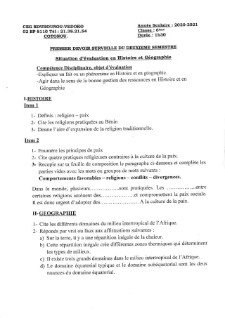 Première page de Histoire-Géographie 6e — Composition (2020-2021) · CEG Kouhounou-Vêdoko