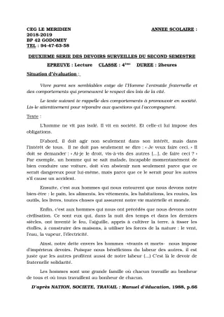 Première page de Français 4e, 4e ML — 2e devoir surveillé, 2e semestre (2018-2019) · CEG Le Méridien
