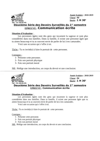 Première page de Français 6e — 2e devoir surveillé, 1er semestre (2018-2019) · CEG Sékou