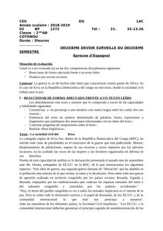 Première page de Espagnol 2nde A, 2nde B — 2e devoir surveillé (2018-2019) · CEG du Lac