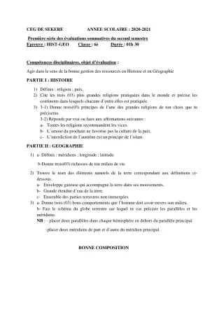 Première page de Histoire-Géographie 6e — 1re évaluation sommative, 2e semestre (2020-2021) · CEG SEKERE