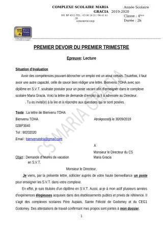 Première page de Français 4e — 1er devoir surveillé, 1er trimestre (2019-2020) · CPEG MARIA GRACIA
