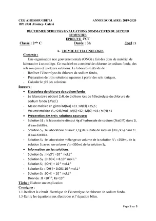 Première page de PCT 2nde C — Évaluation sommative, 2e semestre (2019-2020) · CEG Ahossougbéta