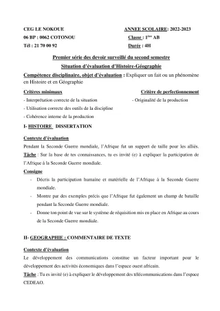 Première page de Histoire-Géographie 1ère A1, 1ère A2, 1ère B — 1er devoir surveillé, 2e semestre (2022-2023) · CEG LE NOKOUE