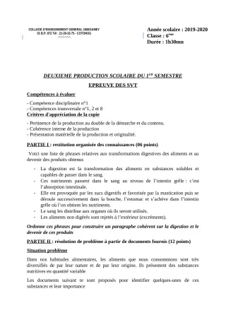 Première page de SVT 6e — 2e production scolaire, 1er semestre (2019-2020) · CEG GBEGAMEY