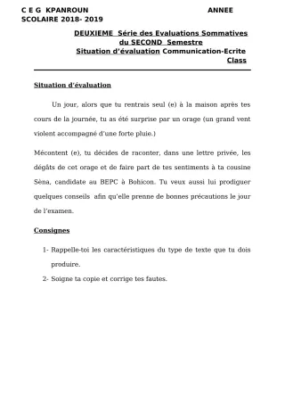 Première page de Français 3e, 3e ML — 2e évaluation sommative, 2e semestre (2018-2019) · CEG Kpanroun