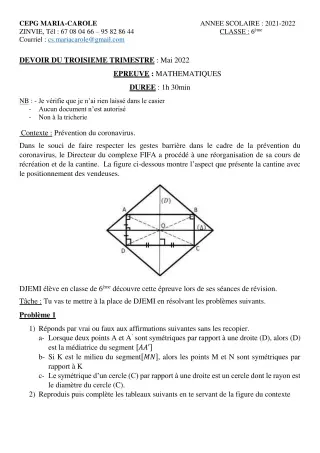 Première page de Mathématiques 6e — Devoir surveillé, 3e trimestre (2021-2022) · CPEG MARIA-CAROLE