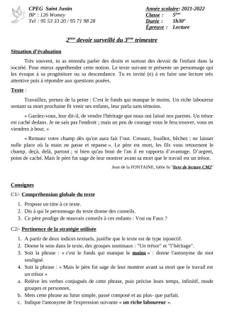 Première page de Français 5e — 2e devoir surveillé, 3e trimestre (2021-2022) · CPEG SAINT Justin