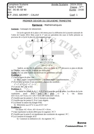 Première page de Mathématiques 5e — Composition, 2e trimestre (2019-2020) · CPEG GOD'S TIME