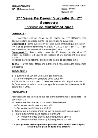 Première page de Mathématiques 1ère A, 1ère A1, 1ère A2, 1ère B — 1er devoir surveillé, 2e semestre (2019-2020) · CEG Akassato