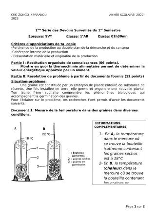 Première page de SVT 1ère A1, 1ère A2, 1ère B — 1er devoir surveillé, 1er semestre (2022-2023) · CEG ZONGO