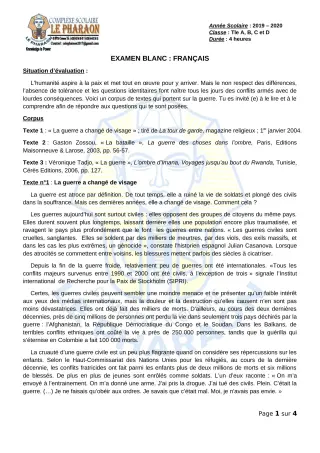 Première page de Examen Blanc de FRANCAIS — Tle A, Tle B, Tle C, Tle D — CPEG LE PHARAON (2019)