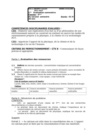 Première page de PCT 5e — 1re évaluation sommative, 2e semestre (2021-2022) · CEG2 ABOMEY - CALAVI (CEG ZOCA)