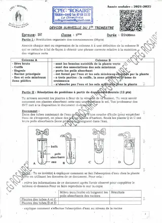 Première page de SVT 5e — Devoir surveillé, 1er trimestre (2021-2022) · CPEG ROSAIRE