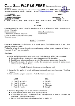 Première page de Histoire-Géographie 1ère D — 1er devoir surveillé, 1er trimestre (2019-2020) · CPEG Fils-Le-Père