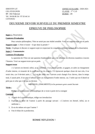 Première page de Philosophie 1ère C, 1ère D — 2e devoir surveillé, 1er semestre (2020-2021) · CEG FIYEGNON