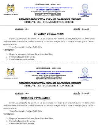 Première page de Français 6e, 5e, 4e, 3e — 1re production scolaire, 1er semestre (2022-2023) · CPEG le Creuset de l'Excellence