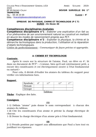 Première page de PCT 4e — Devoir surveillé, 1er trimestre (2019-2020) · CPEG LICA