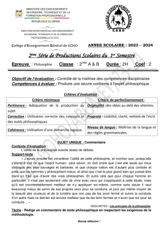 Première page de Philosophie 2nde A & B — 2e production scolaire, 1er semestre (2023-2024) · CEG GOHO