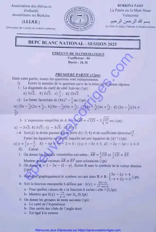 Première page de Épreuve BEPC blanc national 2025 mathématiques burkina fasso