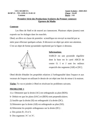 Première page de Mathématiques 1ère D — 1re production scolaire, 1er semestre (2020-2021) · CEG SEGBEYA