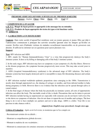 Première page de Anglais 3e — 1er devoir surveillé, 1er semestre (2022-2023) · CEG Akpao-Ogou