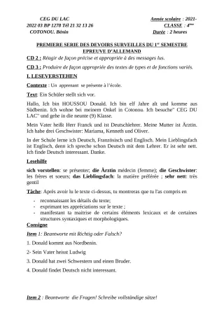 Première page de Allemand 4e — 1er devoir surveillé, 1er semestre (2021-2022) · CEG du Lac