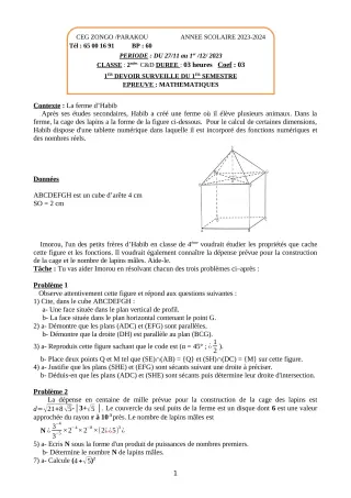 Première page de Mathématiques 2nde C, 2nde D — 1er devoir surveillé, 1er semestre (2023-2024) · CEG ZONGO