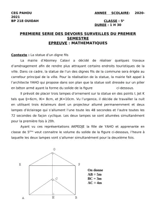 Première page de Mathématiques 5e — 1er devoir surveillé, 1er semestre (2020-2021) · CEG PAHOU
