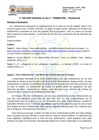 Première page de Français 1ère A, 1ère B, 1ère C, 1ère D — 1er devoir surveillé, 1er trimestre (2019-2020) · CPEG LE PHARAON