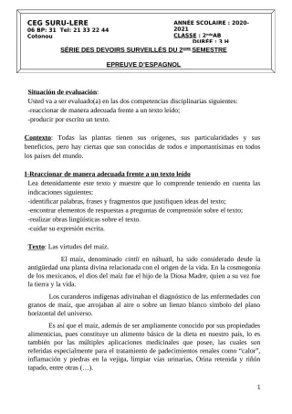 Première page de Espagnol 2nde A1, 2nde A2, 2nde B — Devoir surveillé, 2e semestre (2020-2021) · CEG SURU-LERE