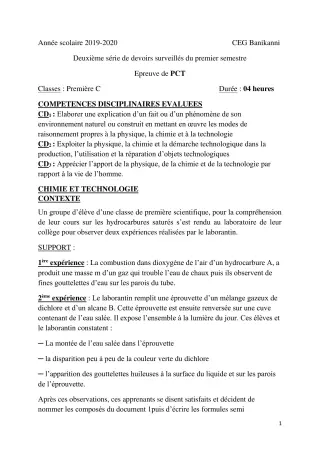 Première page de PCT 1ère C — 2e devoir surveillé, 1er semestre (2019-2020) · CEG Banikanni
