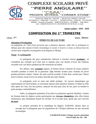 Première page de Français 3e, 3e ML — Composition, 1er trimestre (2019-2020) · CPEG PIERRE ANGULAIRE